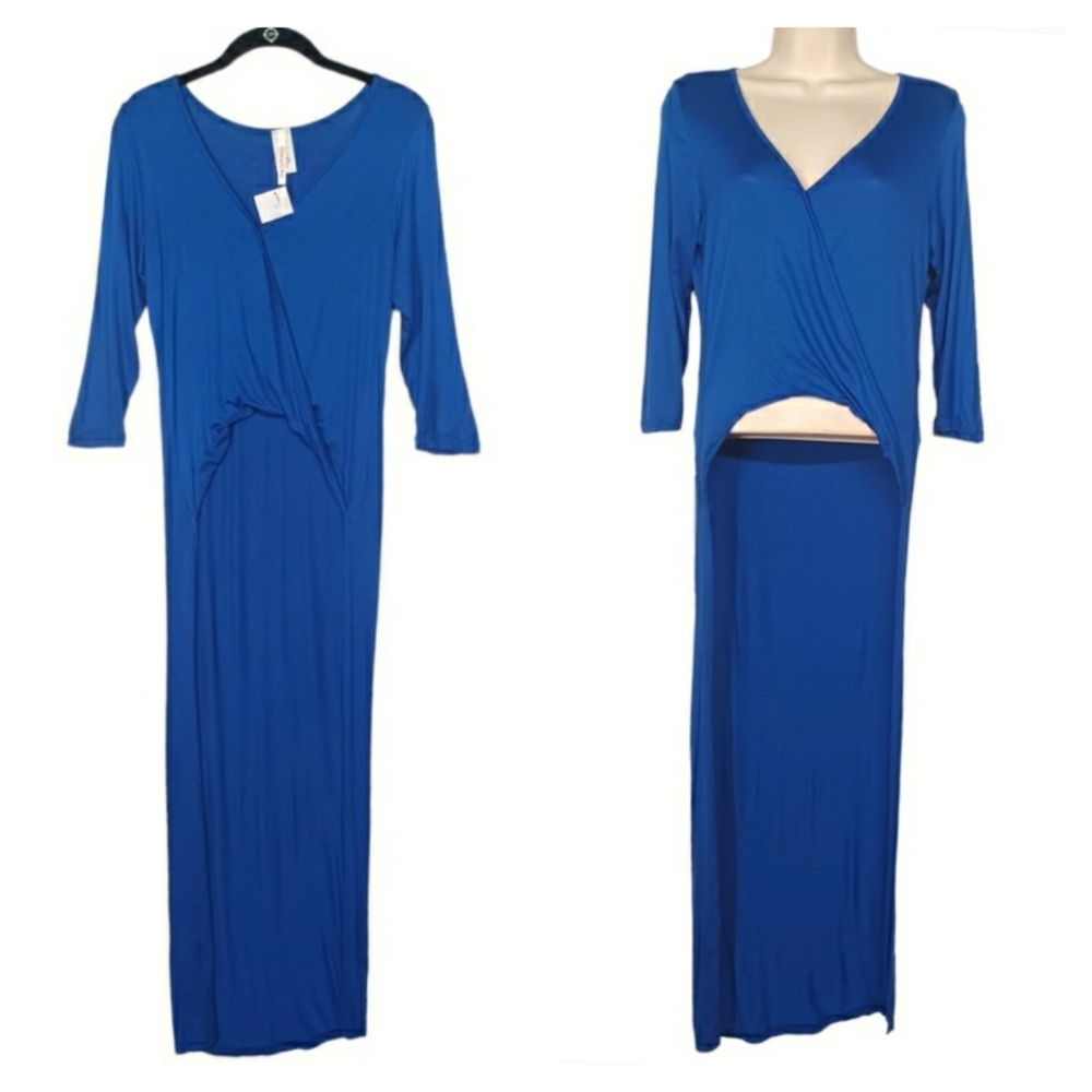 CANZONE Blue Crossover Hi Low Maxi Top Large NWT